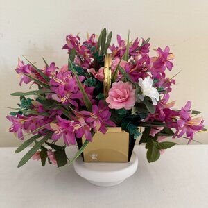 Upcycled Floral Arrangement 16in Fuchsia Pink Faux Flowers in Gold Metal Basket